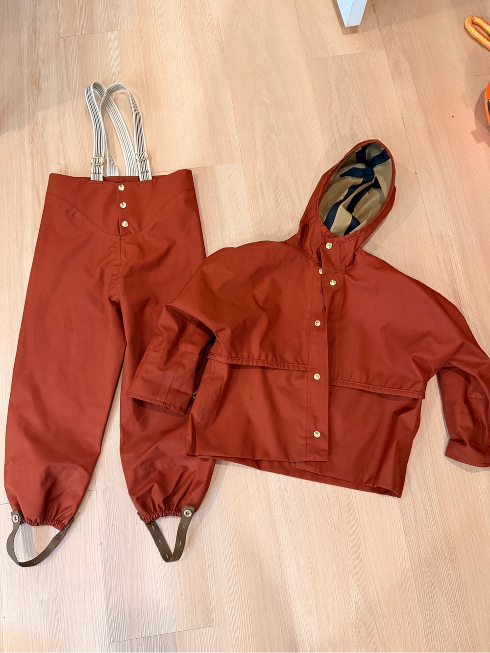Kids Rust Hooded Rain Jacket and Suspenders Pants Set
